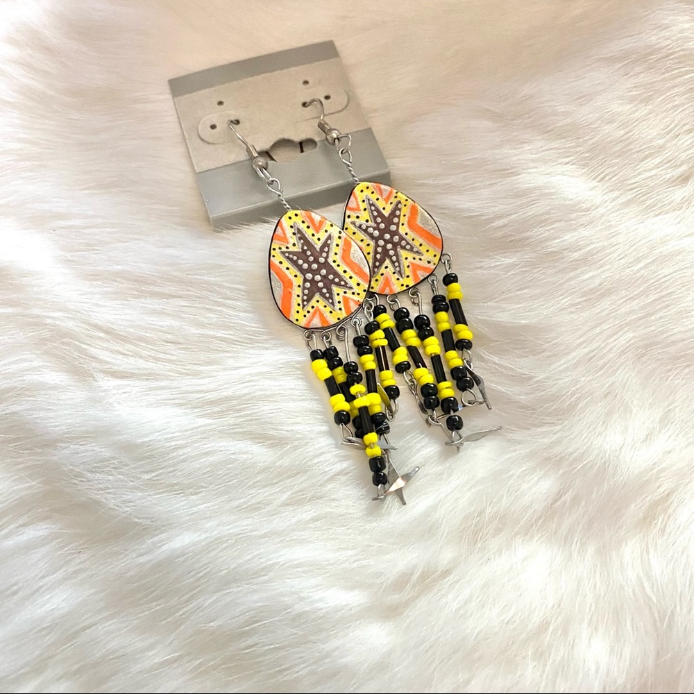 Colorful Star Printed Earrings With Beaded Fringe - Picture 3 of 3